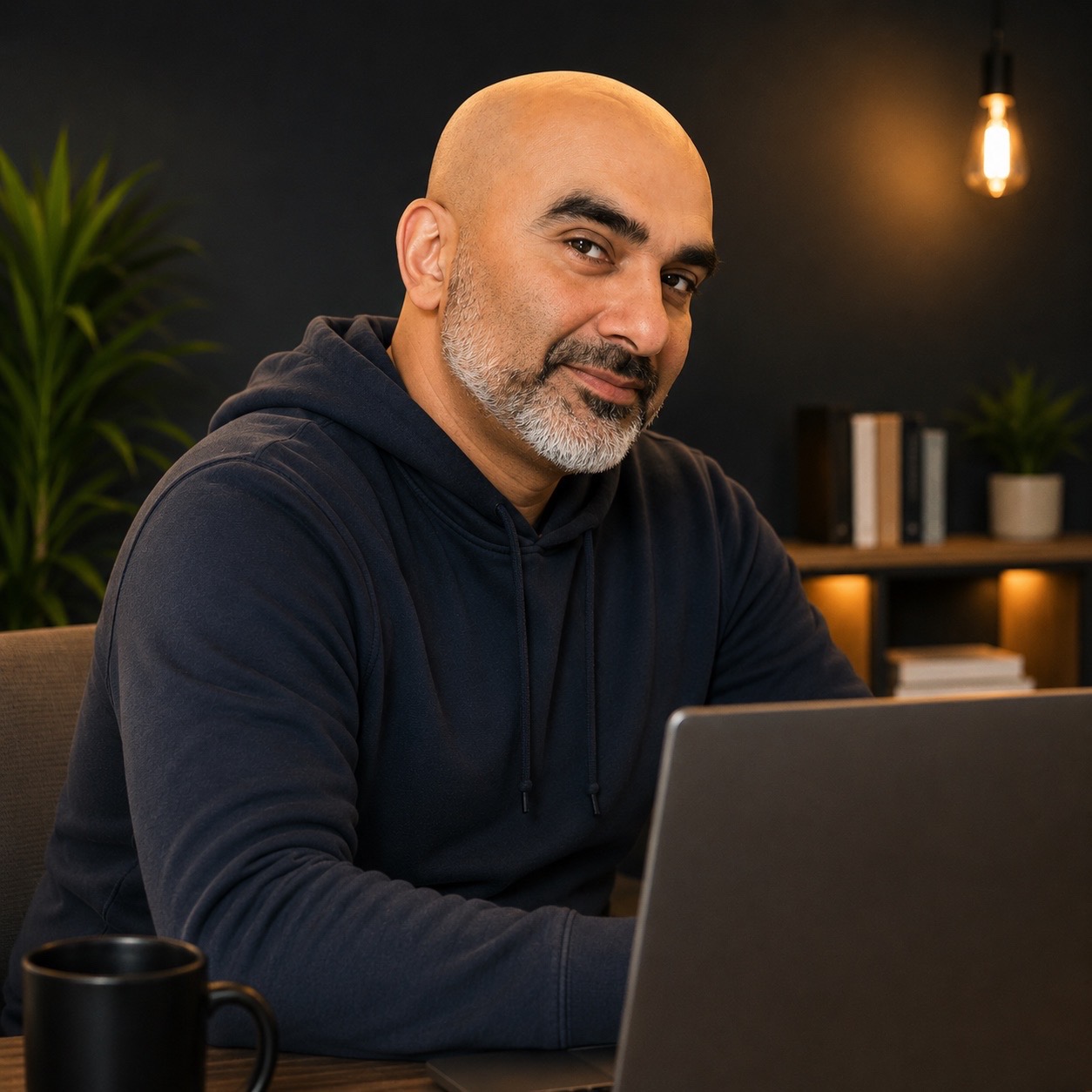 Tari Digital founder seated at a laptop, looking towards the camera